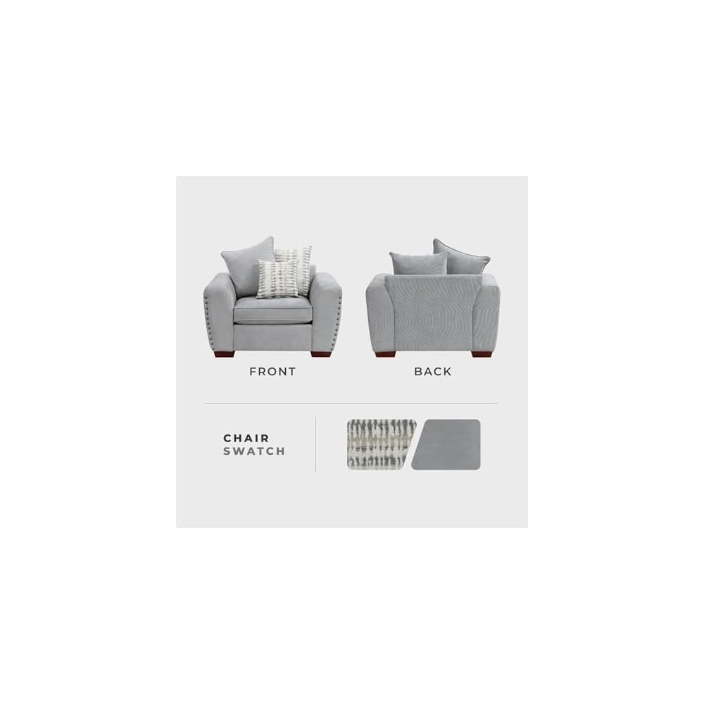 Accent Chair, Chenille Upholstered Armchair, Single Sofa Chair with 3 Pillows, Wood Legs, Track Arms, Nailhead Trim, Modern Chairs for Living Room/Bedroom/Office/Waiting Room, Gray