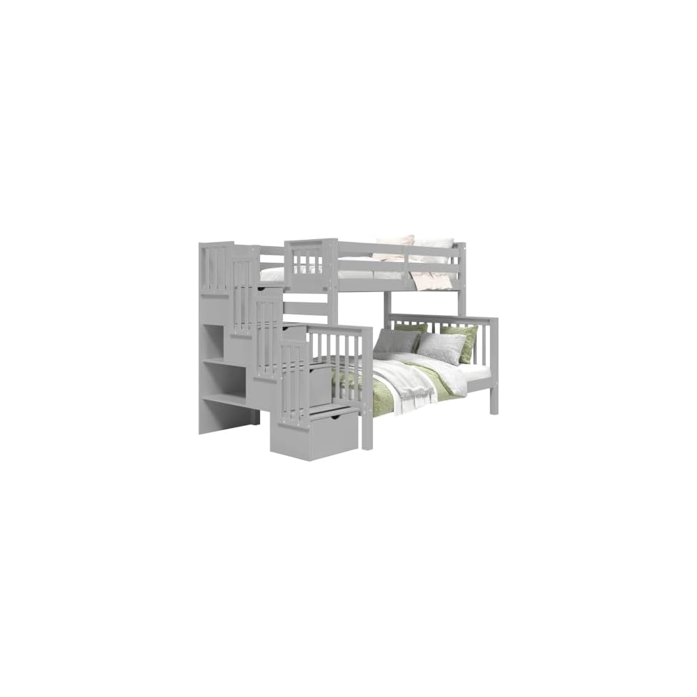 Stairway Bunk Beds Twin Over Full with 4 Drawers in the Steps, Gray