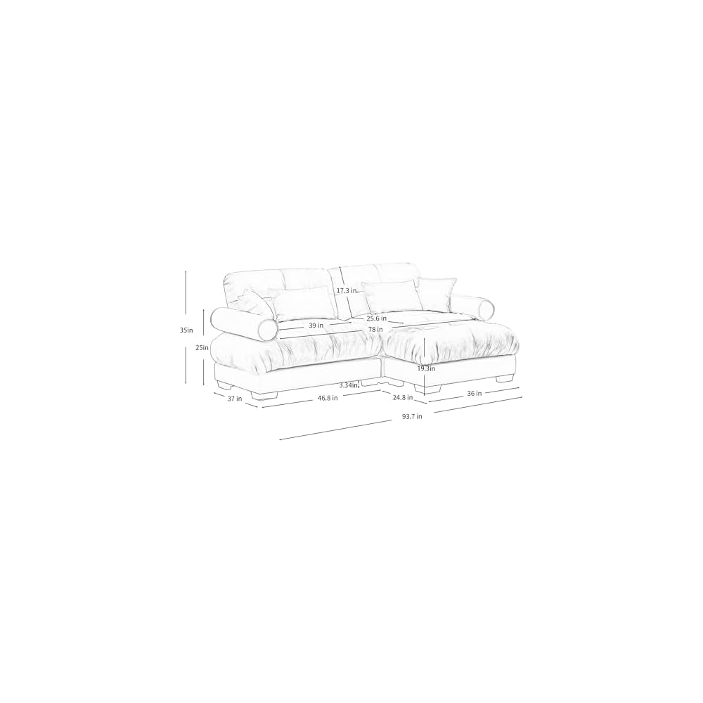 Modern Oversized Modular Sectional Sofa, 2-Seater L-Shaped Loveseat Cloud Couch with Ottoman, Pillows and Overthick Cushion, Comfy Velvet Living Room Sofa Set for Home Theater or Apartment, Cream