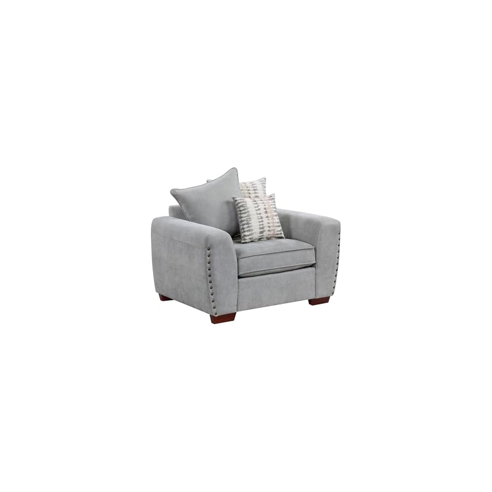 Akzentstuhl, Polstersessel aus Chenille, Einzelsessel mit 3 Kissen, Holzbeine, Armlehnen im Track-Design, Ziernägel, moderner Sessel für Wohnzimmer/Schlafzimmer/Büro/Wartezimmer, Grau