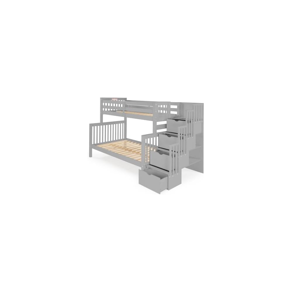 Etagenbett mit Treppe, oben Einzelbett (90x200) und unten Doppelbett (140x200), mit 4 Schubladen in den Stufen, Grau
