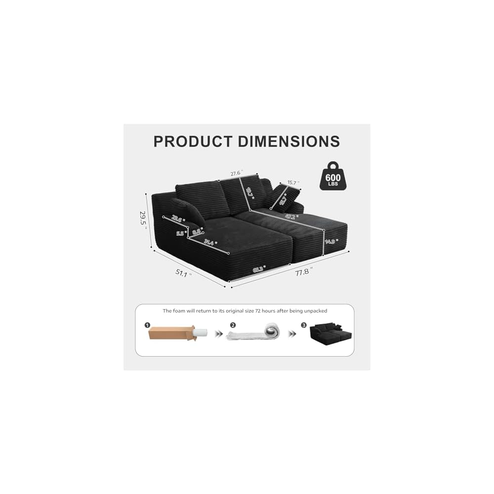 Übergroßer Loungesessel für den Innenbereich, rahmenloses Cord-Schlafsofa, tiefe Sitzgelegenheit, Lesesessel, Cloud-Sofa für das Wohnzimmer, kein Aufbau erforderlich (Schwarz, Doppelgröße)