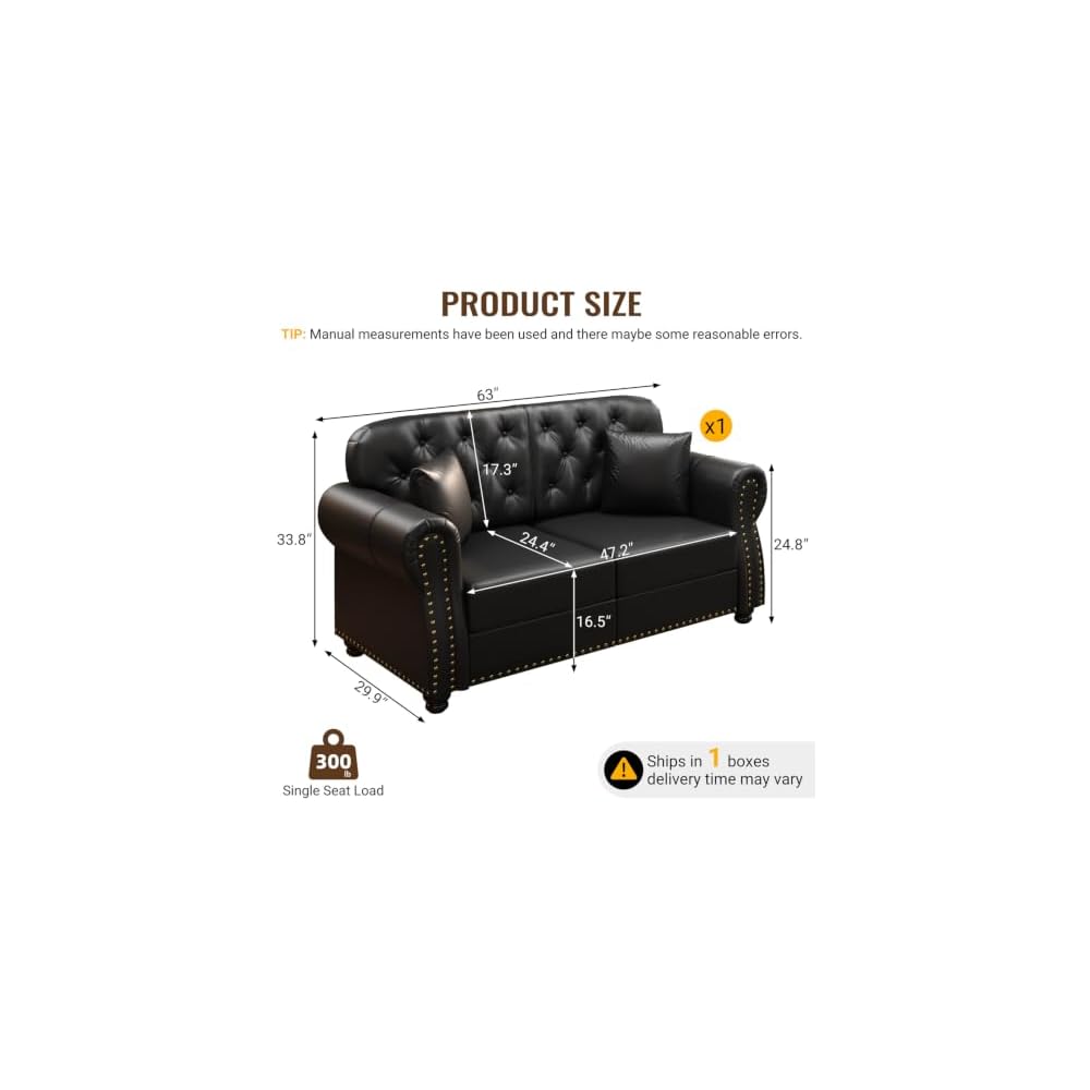 63" Black Faux Leather Chesterfield Loveseat Couch with Rolled Arm