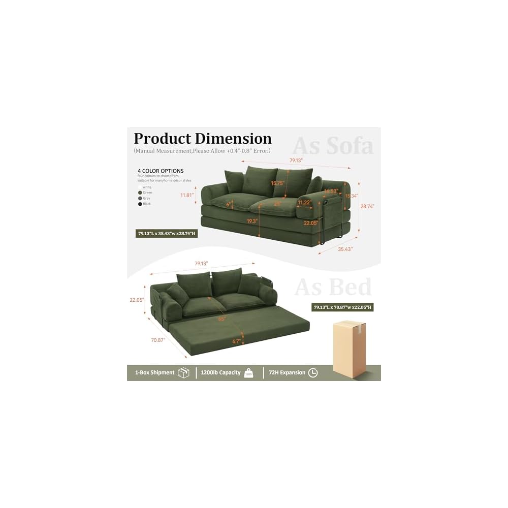 79" Verwandelbares Sofa ohne Armlehnen, grünes Cord-Futonsofa