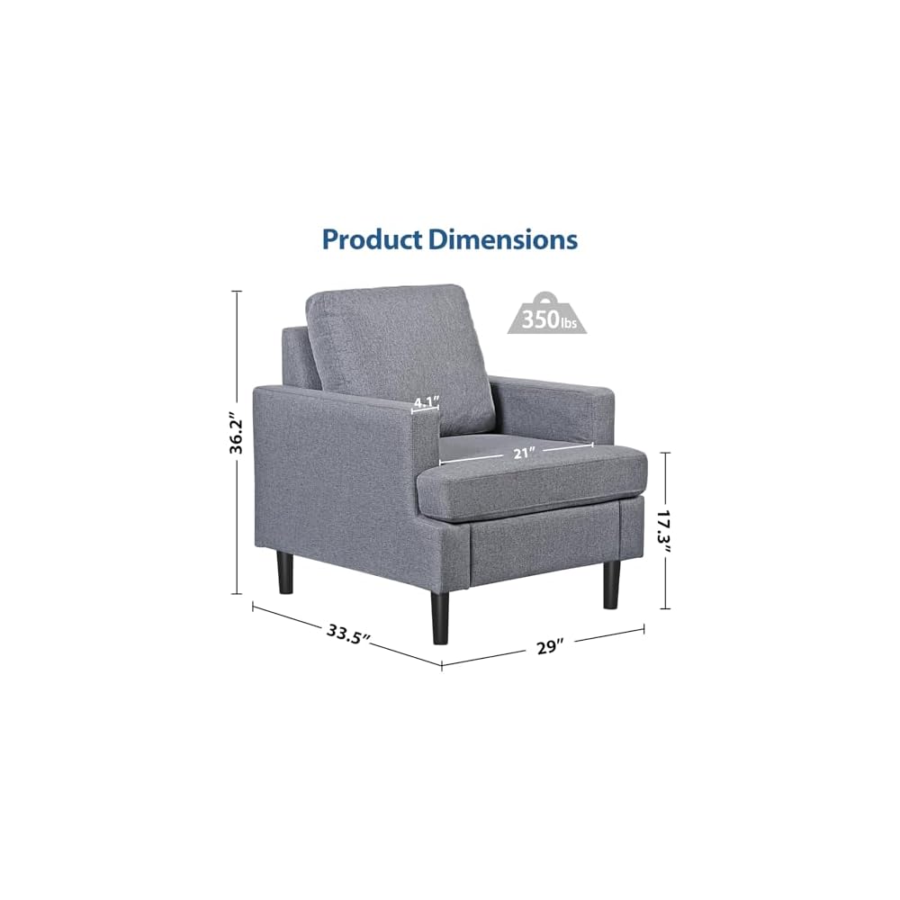 Upholstered Accent Chair with Arms - Linen Fabric Armchair for Living Room Bedroom - Solid Wood Legs - Gray