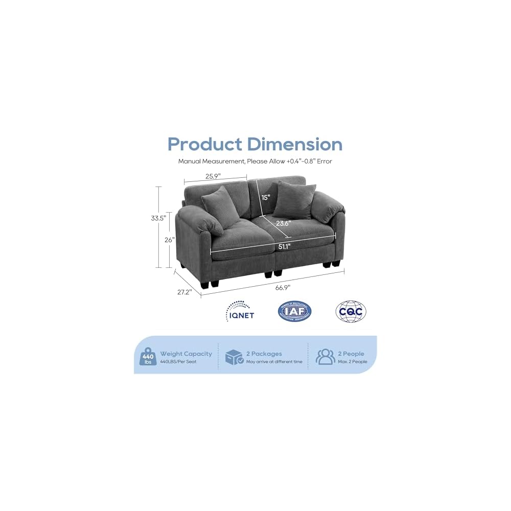 115'' Überdimensionales modulares Ecksofa mit Hocker, U-förmiges modernes Ecksofa für das Wohnzimmer mit 2 Dekokissen und tiefer Sitzfläche, mittig gestepptes Design (Grau, Zweisitzer)