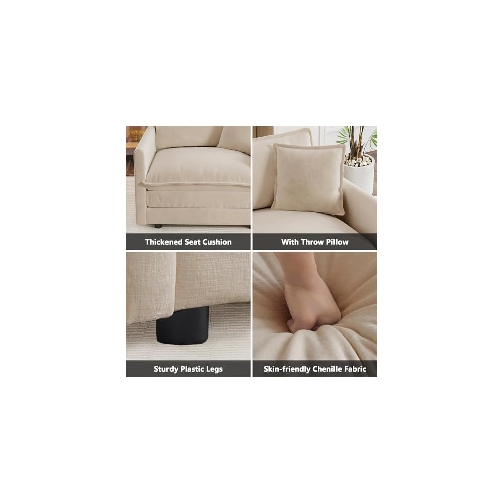 41,4" breites Einzelsofa, bequemer, tief gepolsterter Chenille-Sessel mit Zierkissen für Wohnzimmer, Schlafzimmer, Büro und Apartment, Hellkaffee