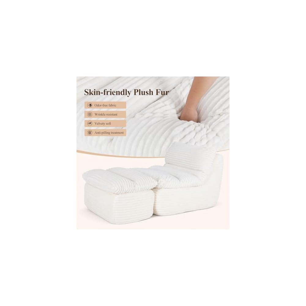 Bean Bag Chair, Lounge Chair with Removable Ottoman for Adults, Comfy Fabric Sofa Bed Couch with Memory Foam, Backrest for Living Room, Office, Bedroom, Beige