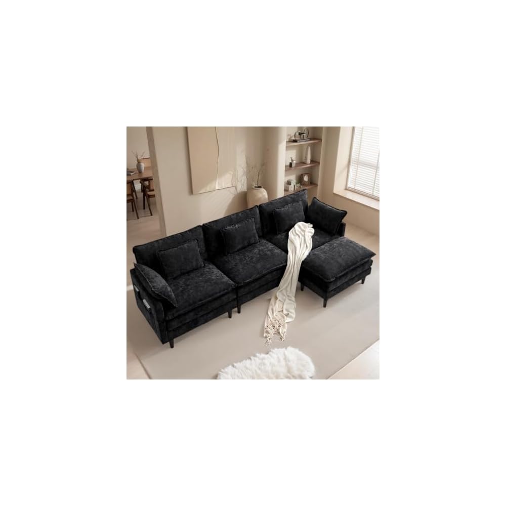 113" Modulares Cloud-Ecksofa, schwarze L-förmige Couch mit tiefer Sitzfläche und Hocker, 4-Sitzer Chenille-Modulsofa für Wohnzimmer, Apartment