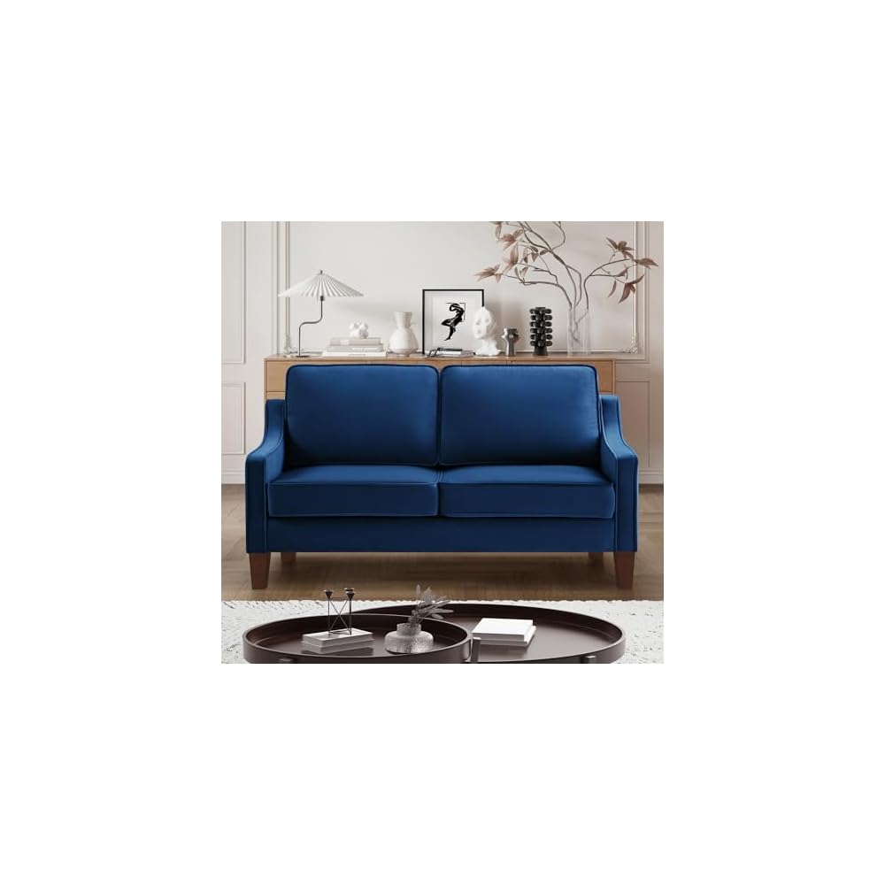Modern Velvet Loveseat Sofa Couch Upholstered Love Seat Couches with Wooden Legs Comfy 2 Seat Small Couch for Living Room Bedroom Small Spaces, Navy