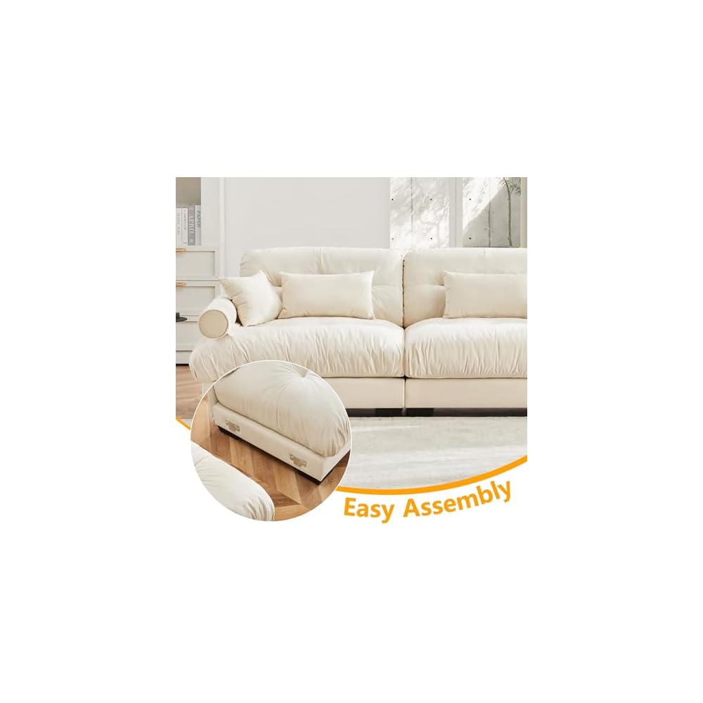 Modern Oversized Modular Sectional Sofa, 2-Seater L-Shaped Loveseat Cloud Couch with Ottoman, Pillows and Overthick Cushion, Comfy Velvet Living Room Sofa Set for Home Theater or Apartment, Cream