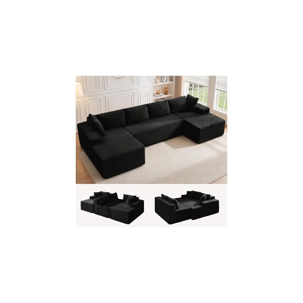 133" Oversized Modular Sectional Sofa, U-Shaped Boneless Couch with Double Chaise, Comfy Corduroy Cloud Couch Sectional, Deep Seat Sectional Couches for Living Room, No Assembly Required, Black