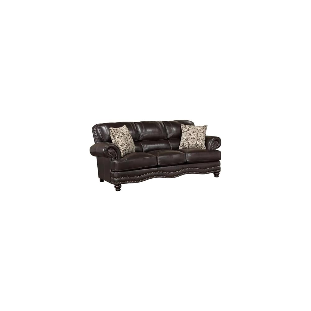Atmungsaktives Sofa mit Kunstlederbezug, braunes Finish, Massivholzgestell, Polsterung aus hochdichtem Schaumstoff, Ziernägel, Dekokissen, Füße aus Espresso-Holz, traditionelle Wohnzimmersitzmöbel