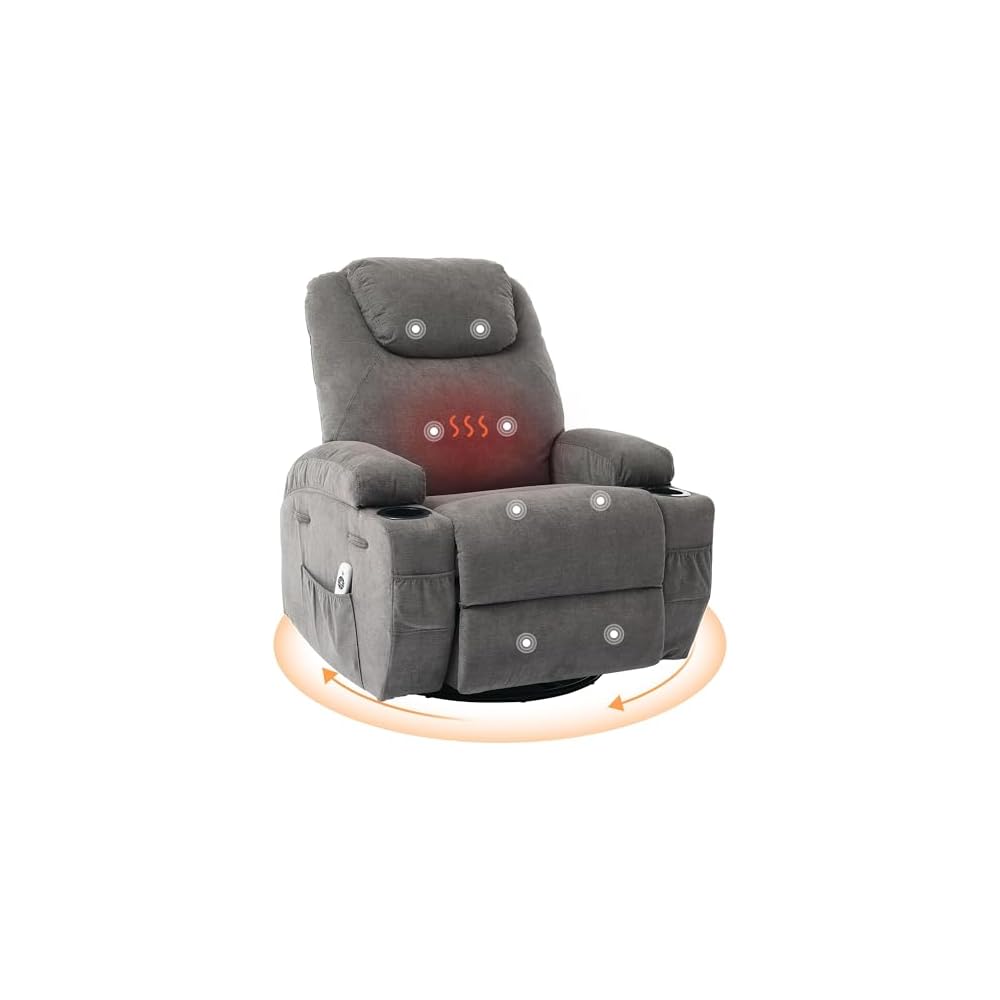 360°-drehbarer Schaukel- und Relaxsessel mit Massage- und Wärmefunktion für Erwachsene, elektrischer Gleit-Relax-Sessel mit weichem Polster und Seitentasche, bequemer Schaukelstuhl für Wohnzimmer oder Kinderzimmer