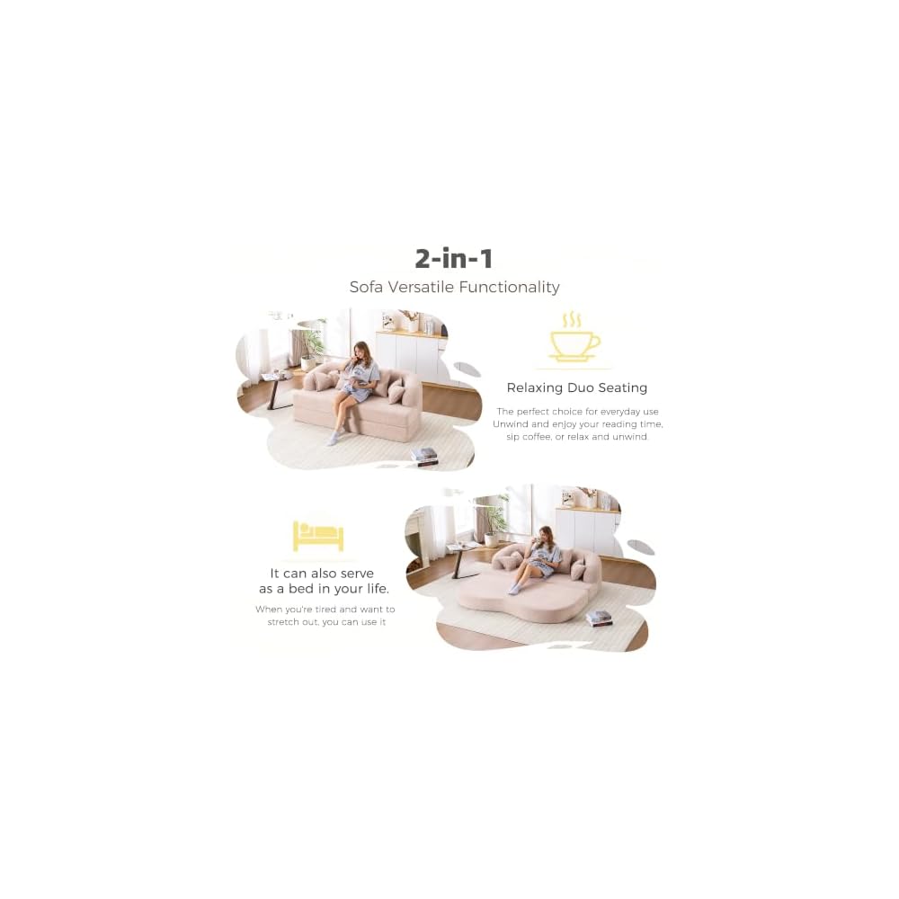 2-in-1 Foldable Sofa Bed with Curved Backrest for Small Spaces (Apricot)