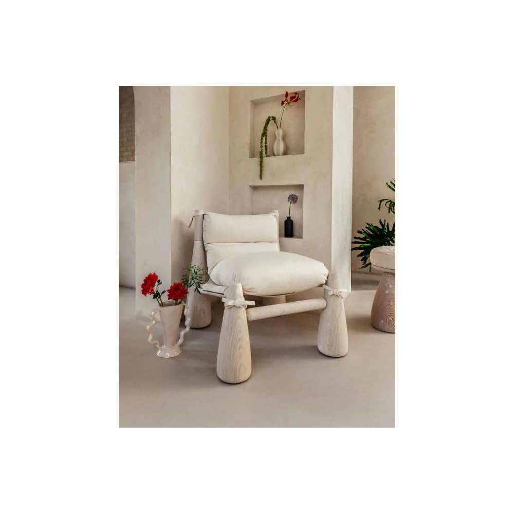Cream Upholstered Accent Chair with Ash Wood Frame and Cushioned Seat