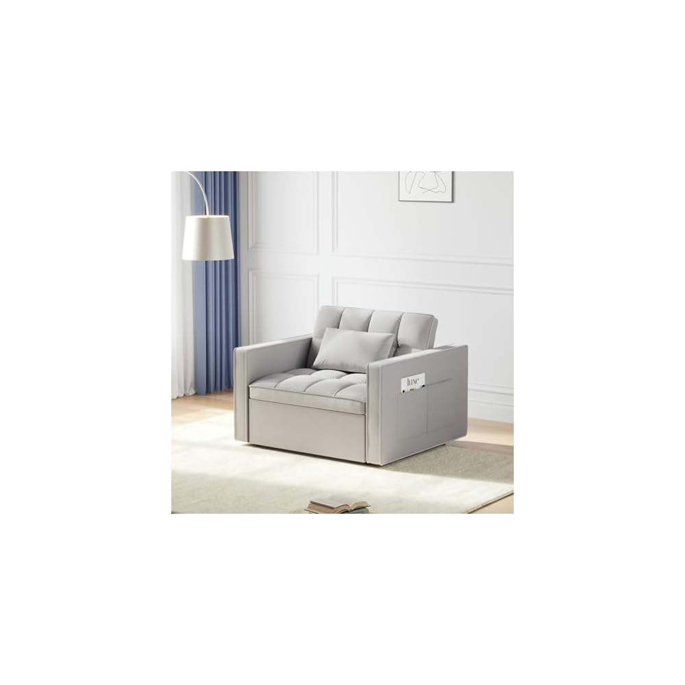 Schlafsofa-Sessel, 3-in-1 Schlafsofa mit 3-stufig verstellbarer Rückenlehne, ausziehbarer Schlaf-Sessel, strapazierfähiger Samtstoff, für Wohnzimmer, Schlafzimmer, Grau