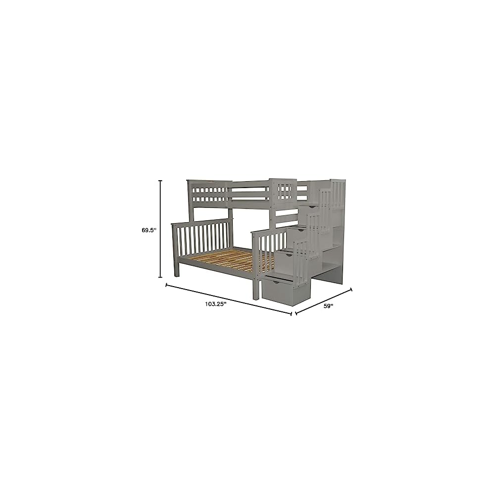 Etagenbett mit Treppe, oben Einzelbett (90x200) und unten Doppelbett (140x200), mit 4 Schubladen in den Stufen, Grau