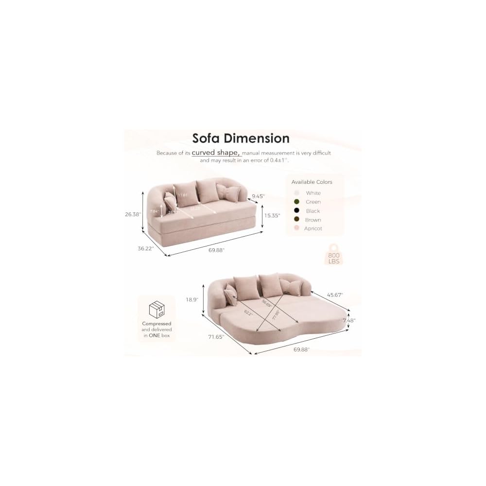 2-in-1 Foldable Sofa Bed with Curved Backrest for Small Spaces (Apricot)