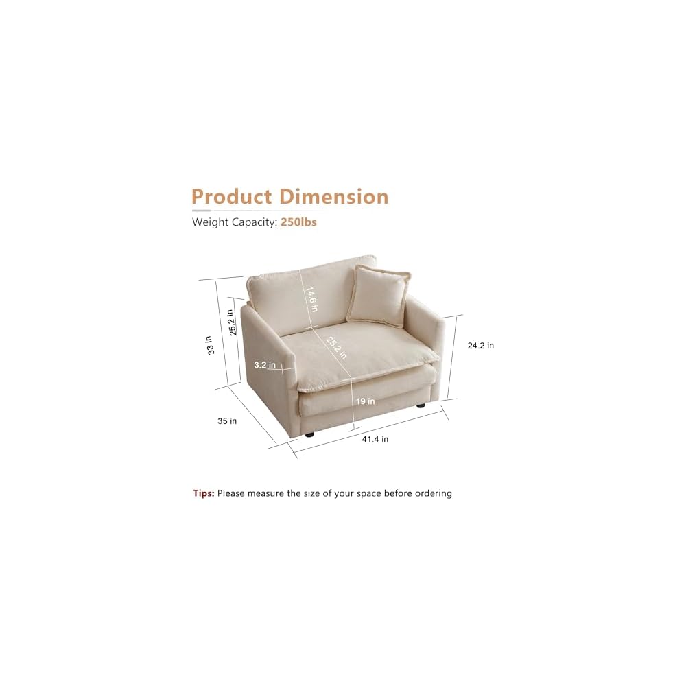 41.4" W Single Seat Sofa, Chenille Comfy Deep Upholstered Couch Armchair with Toss Pillow for Living Room Bedroom Office Apartment, Light Coffee
