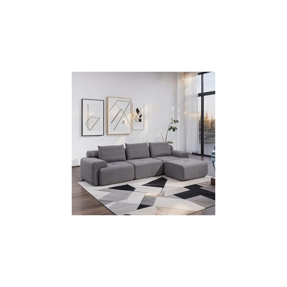 120" Modernes modulares L-förmiges Ecksofa, modulares rahmenloses Sofa ohne Montage, übergroßes 3-Sitzer-Cloud-Sofa mit tiefer Sitzfläche und beweglichem Hocker für das Wohnzimmer – Cordbezug, Grau