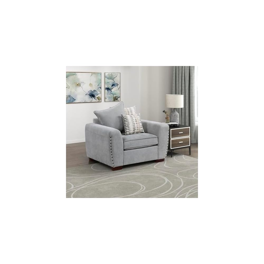 Akzentstuhl, Polstersessel aus Chenille, Einzelsessel mit 3 Kissen, Holzbeine, Armlehnen im Track-Design, Ziernägel, moderner Sessel für Wohnzimmer/Schlafzimmer/Büro/Wartezimmer, Grau