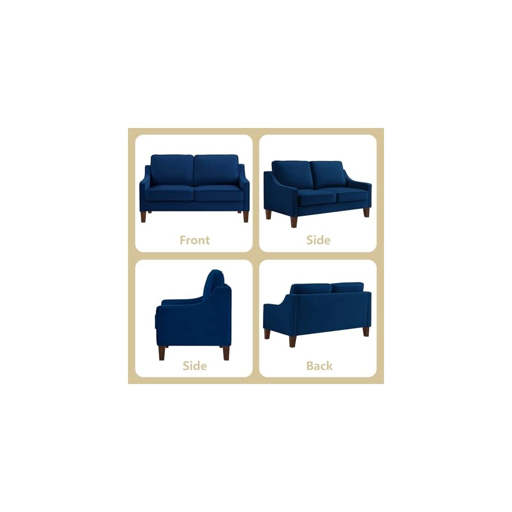 Modernes Samt-Loveseat-Sofa, gepolstertes 2-Sitzer-Sofa mit Holzbeinen, bequemes kleines Sofa für Wohnzimmer, Schlafzimmer und kleine Räume, Marineblau