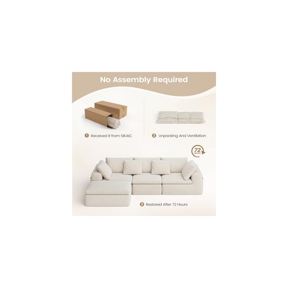 108" Modular Sectional Sofa with Ottoman, Convertible L-Shape Cloud Couch for Living Room, Breathable Reversible Boneless Couches, Chenille Deep Seat Sleeper with Storage Pockets, Beige