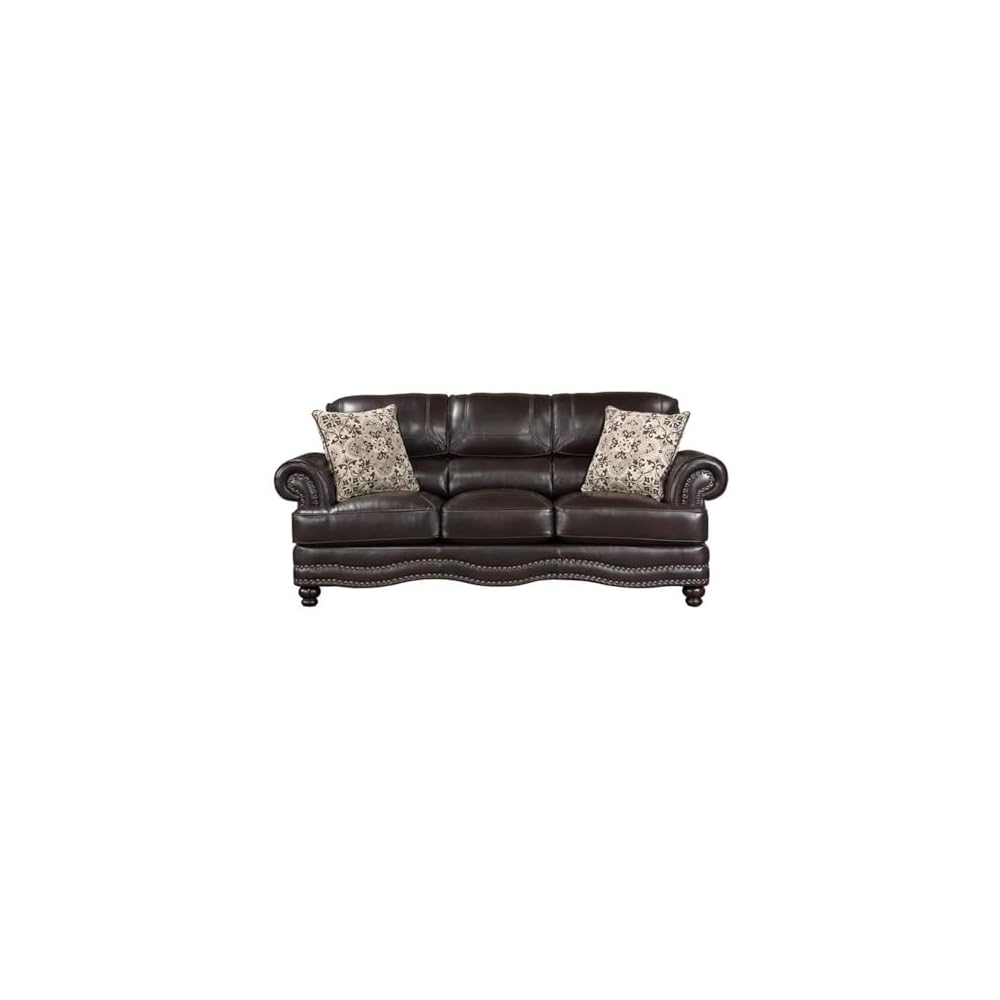 Atmungsaktives Sofa mit Kunstlederbezug, braunes Finish, Massivholzgestell, Polsterung aus hochdichtem Schaumstoff, Ziernägel, Dekokissen, Füße aus Espresso-Holz, traditionelle Wohnzimmersitzmöbel