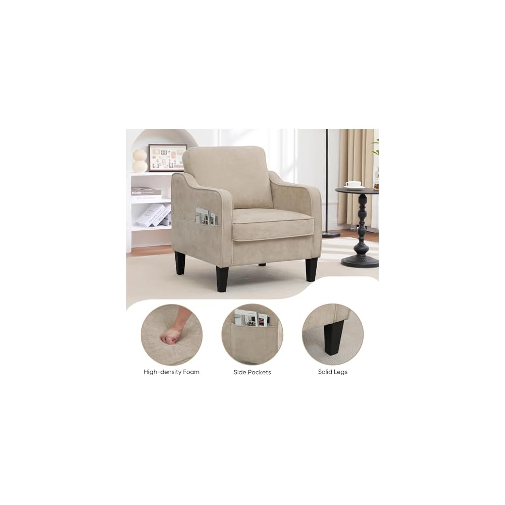 Akzentstuhl für das Wohnzimmer, Mid-Century moderner Lesesessel für das Schlafzimmer, gepolsterter Armlehnstuhl mit Seitentaschen, bequemer Einzelsessel für Büro, Wohnung, kleines Zimmer, Hellbraun