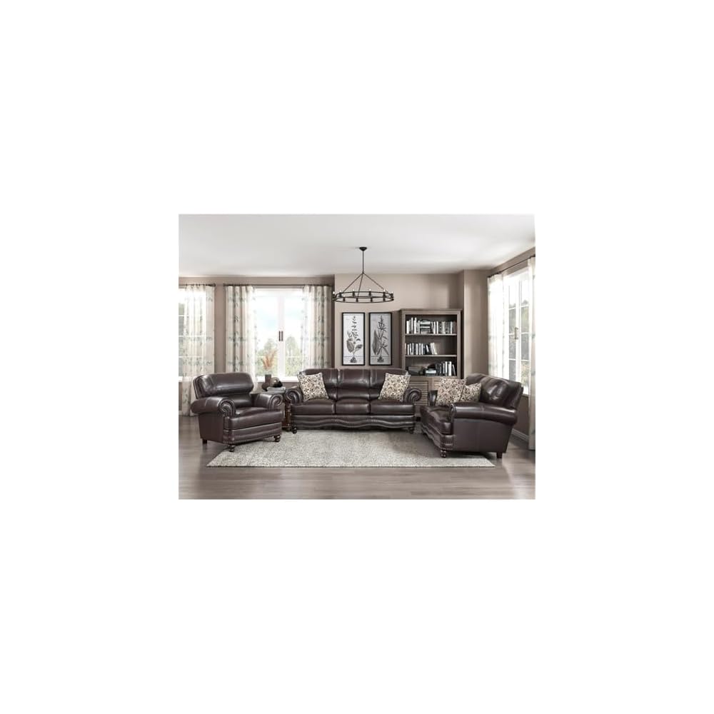 Breathable Faux Leather Upholstered Sofa, Brown Finish, Solid Wood Frame, High-Density Foam Padding, Nailhead Trim, Decorative Pillows, Espresso Wood Feet, Traditional Living Room Seating