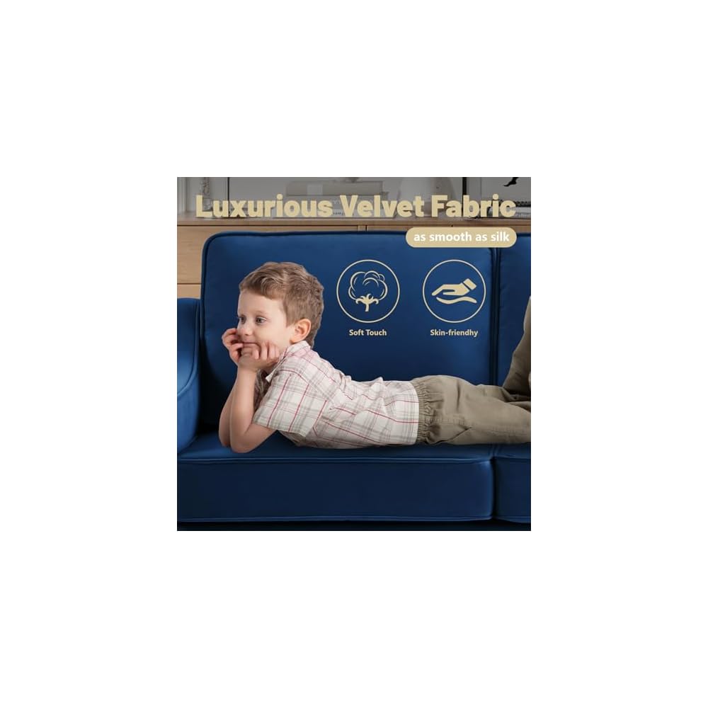 Modernes Samt-Loveseat-Sofa, gepolstertes 2-Sitzer-Sofa mit Holzbeinen, bequemes kleines Sofa für Wohnzimmer, Schlafzimmer und kleine Räume, Marineblau