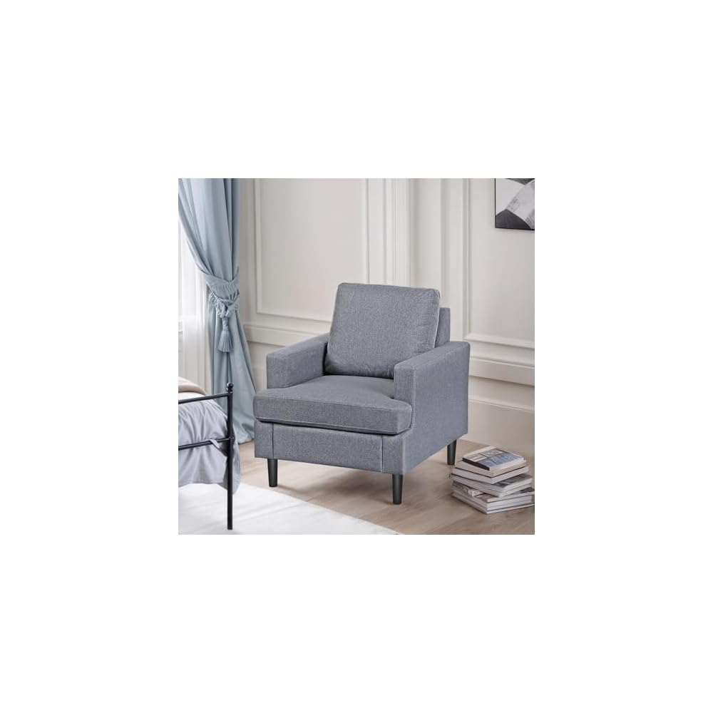 Upholstered Accent Chair with Arms - Linen Fabric Armchair for Living Room Bedroom - Solid Wood Legs - Gray