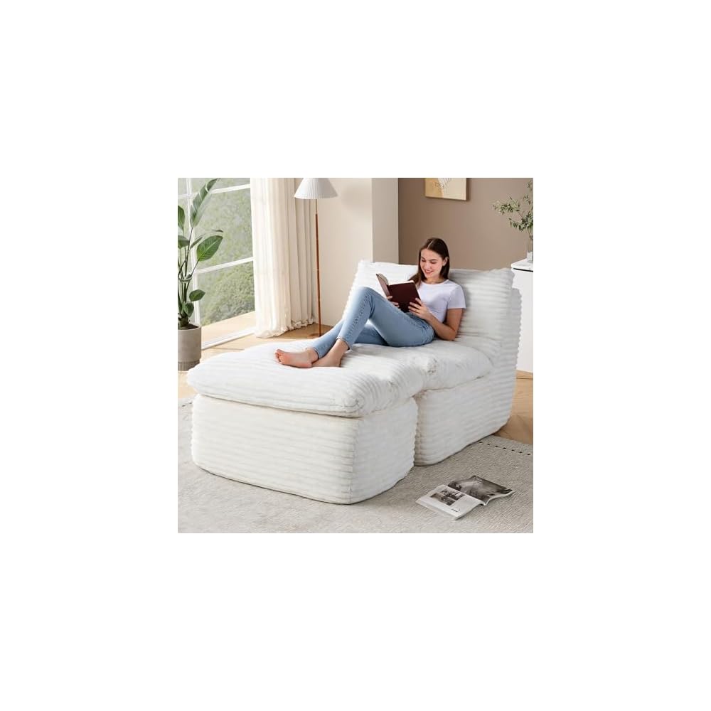 Sitzsack-Sessel, Loungesessel mit abnehmbarem Fußhocker für Erwachsene, bequemes Stoff-Schlafsofa mit Memory-Schaum, Rückenlehne für Wohnzimmer, Büro, Schlafzimmer, Beige