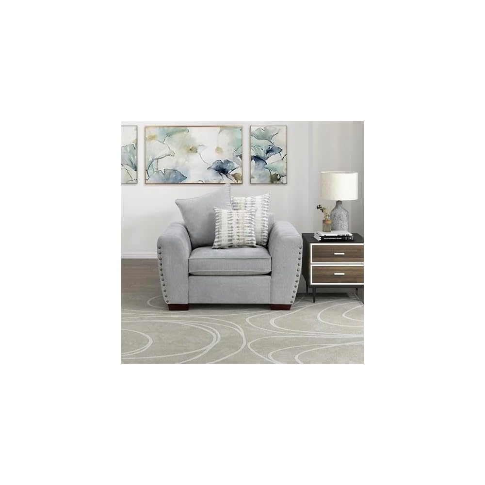 Akzentstuhl, Polstersessel aus Chenille, Einzelsessel mit 3 Kissen, Holzbeine, Armlehnen im Track-Design, Ziernägel, moderner Sessel für Wohnzimmer/Schlafzimmer/Büro/Wartezimmer, Grau