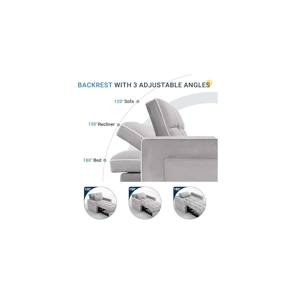 Schlafsofa-Sessel, 3-in-1 Schlafsofa mit 3-stufig verstellbarer Rückenlehne, ausziehbarer Schlaf-Sessel, strapazierfähiger Samtstoff, für Wohnzimmer, Schlafzimmer, Grau