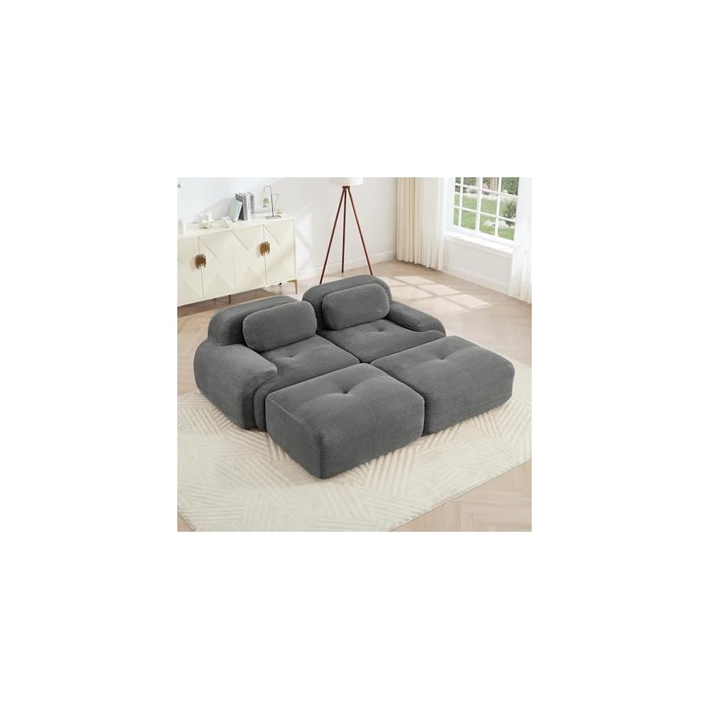 130" Übergroßes, graues 2-Sitzer-Sofa aus Kord, luxuriöses modulares Ecksofa mit zwei Ottomanen und ergonomisch geschwungenen Armlehnen