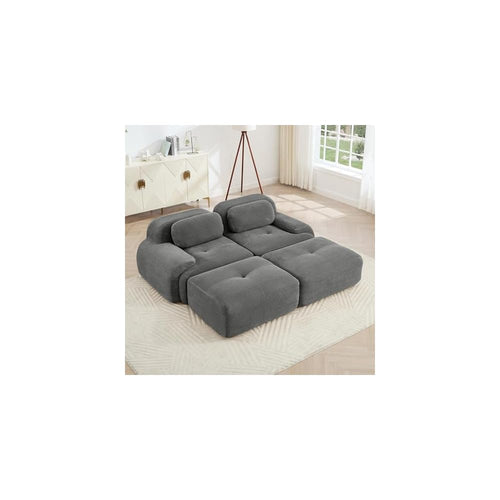 130" Oversized Gray Corduroy 2-Seat Sofa, Luxury Modular Sectional Couch with Dual Ottomans and Ergonomic Curved Armrests