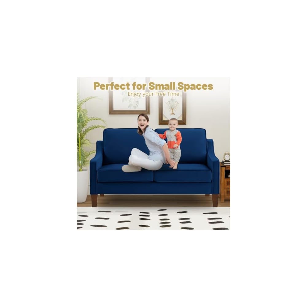 Modernes Samt-Loveseat-Sofa, gepolstertes 2-Sitzer-Sofa mit Holzbeinen, bequemes kleines Sofa für Wohnzimmer, Schlafzimmer und kleine Räume, Marineblau