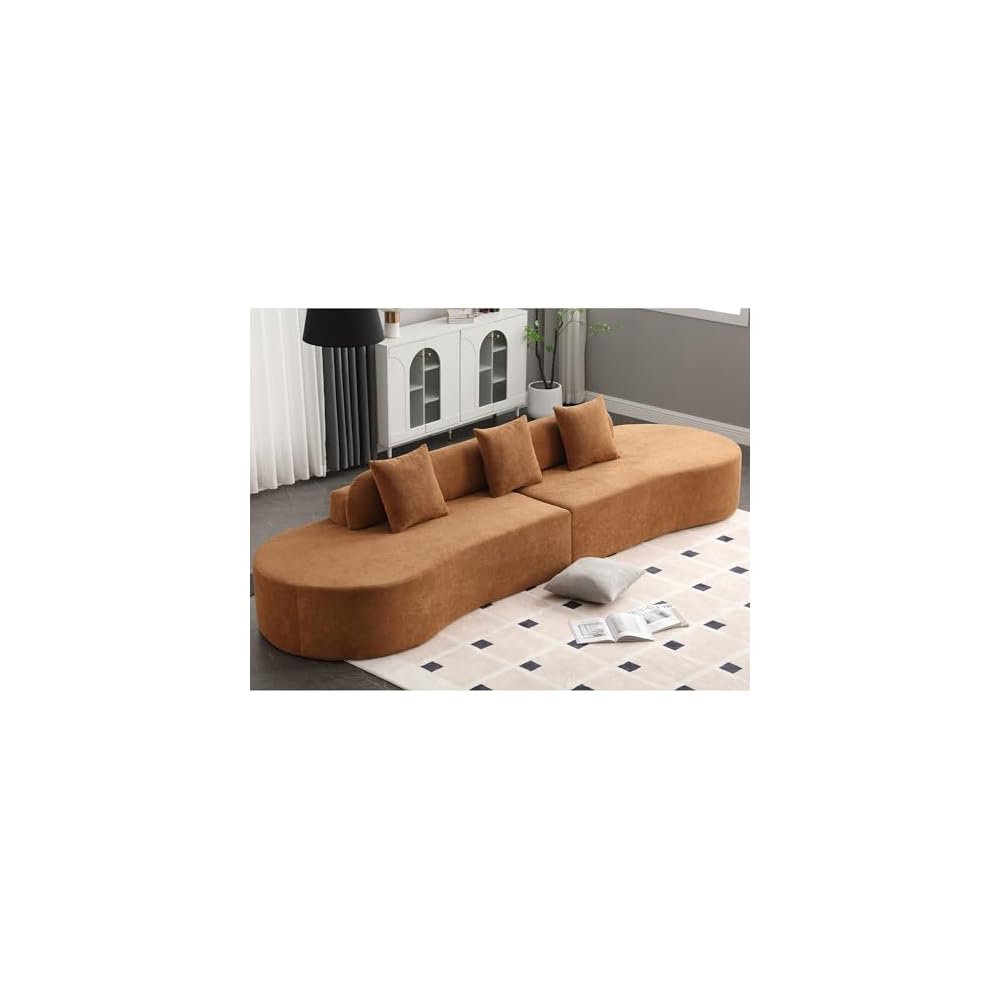 130.5" Curved Sofa for Living Room, Modern Minimalist Cloud Sectional Couch Oversized Compressed Boneless 3-Seater Deep Seat Sofa with 3 Throw Pillows, No Assembly Needed, Brown