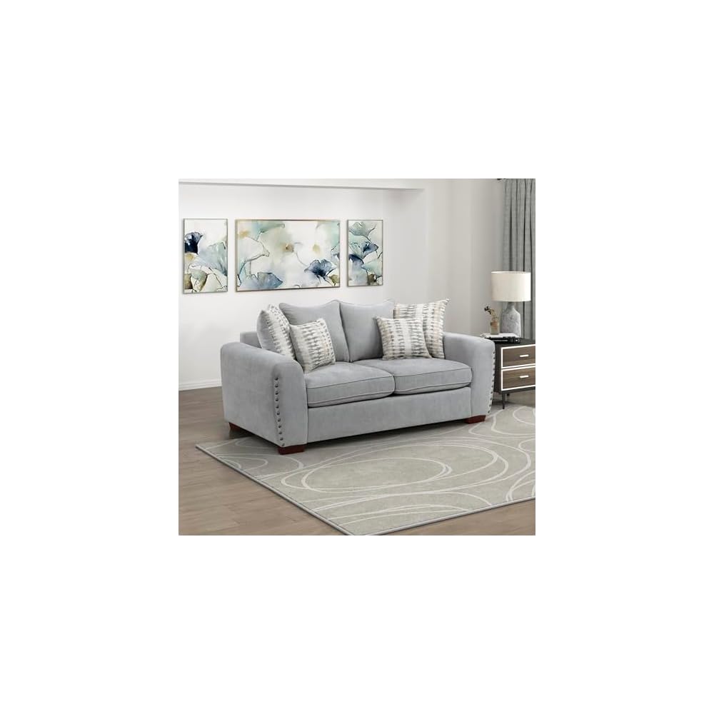 Akzentstuhl, Polstersessel aus Chenille, Einzelsessel mit 3 Kissen, Holzbeine, Armlehnen im Track-Design, Ziernägel, moderner Sessel für Wohnzimmer/Schlafzimmer/Büro/Wartezimmer, Grau