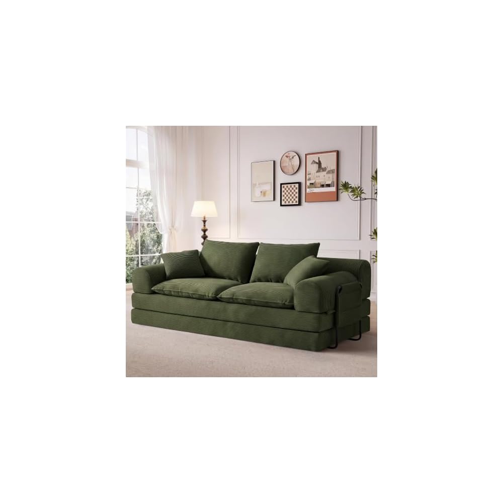 79" Verwandelbares Sofa ohne Armlehnen, grünes Cord-Futonsofa