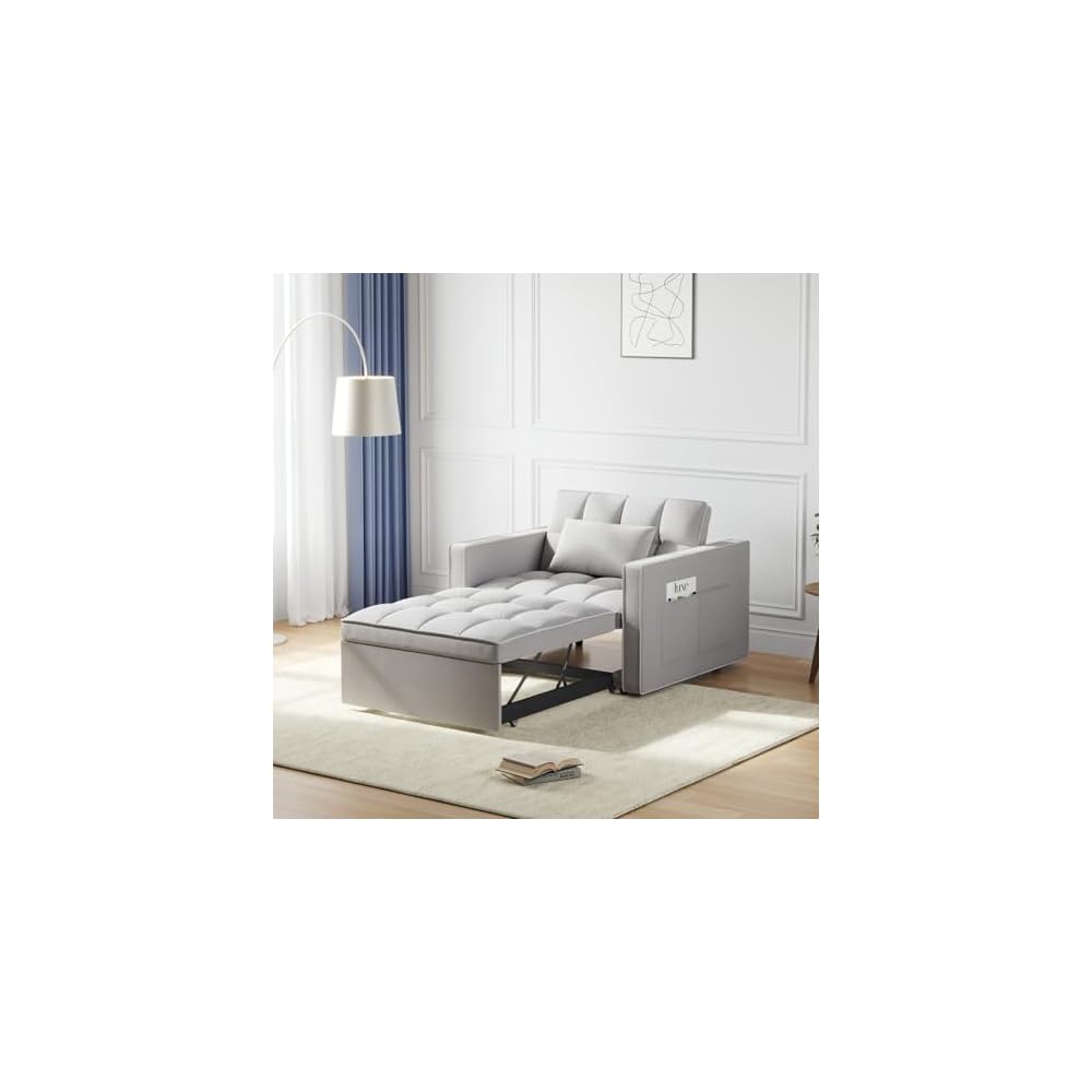 Schlafsofa-Sessel, 3-in-1 Schlafsofa mit 3-stufig verstellbarer Rückenlehne, ausziehbarer Schlaf-Sessel, strapazierfähiger Samtstoff, für Wohnzimmer, Schlafzimmer, Grau