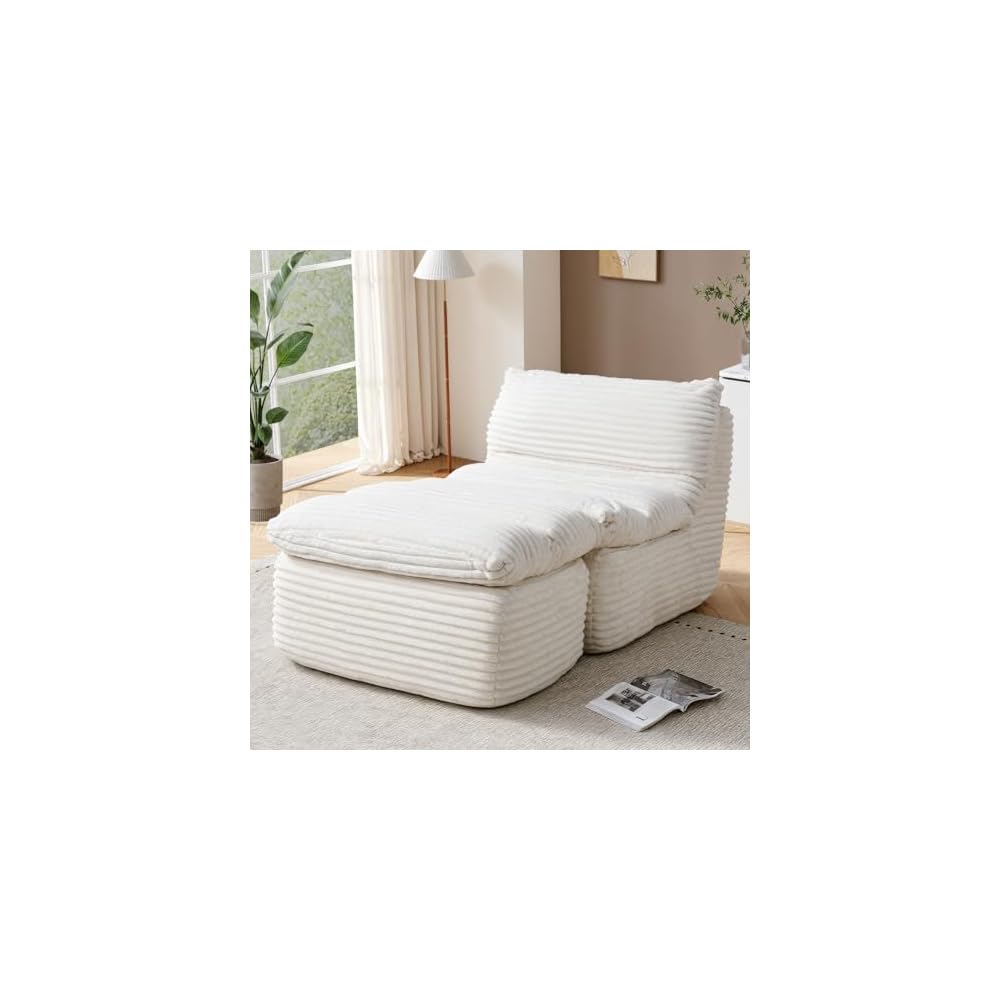 Bean Bag Chair, Lounge Chair with Removable Ottoman for Adults, Comfy Fabric Sofa Bed Couch with Memory Foam, Backrest for Living Room, Office, Bedroom, Beige