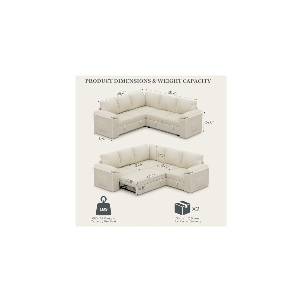 86 Inch Sectional Sleeper Sofa, Sectional Couches with Pull Out Couch Bed