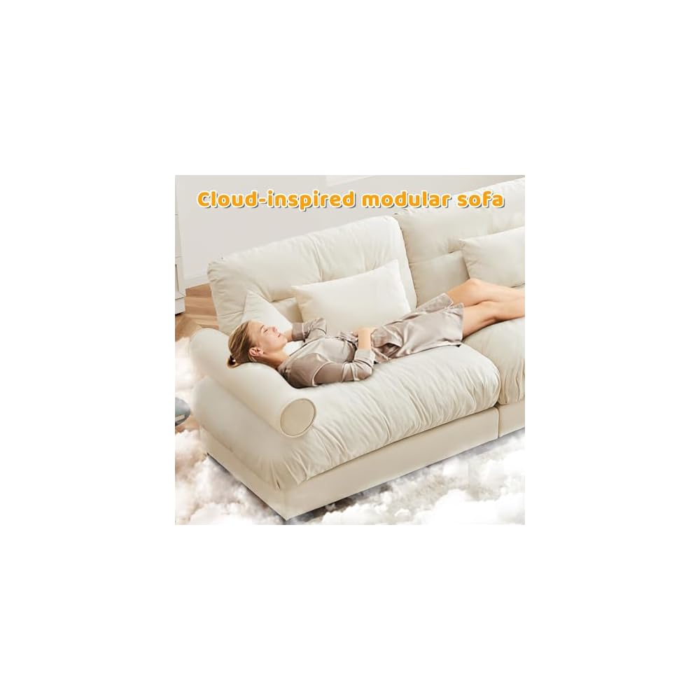 Modern Oversized Modular Sectional Sofa, 2-Seater L-Shaped Loveseat Cloud Couch with Ottoman, Pillows and Overthick Cushion, Comfy Velvet Living Room Sofa Set for Home Theater or Apartment, Cream
