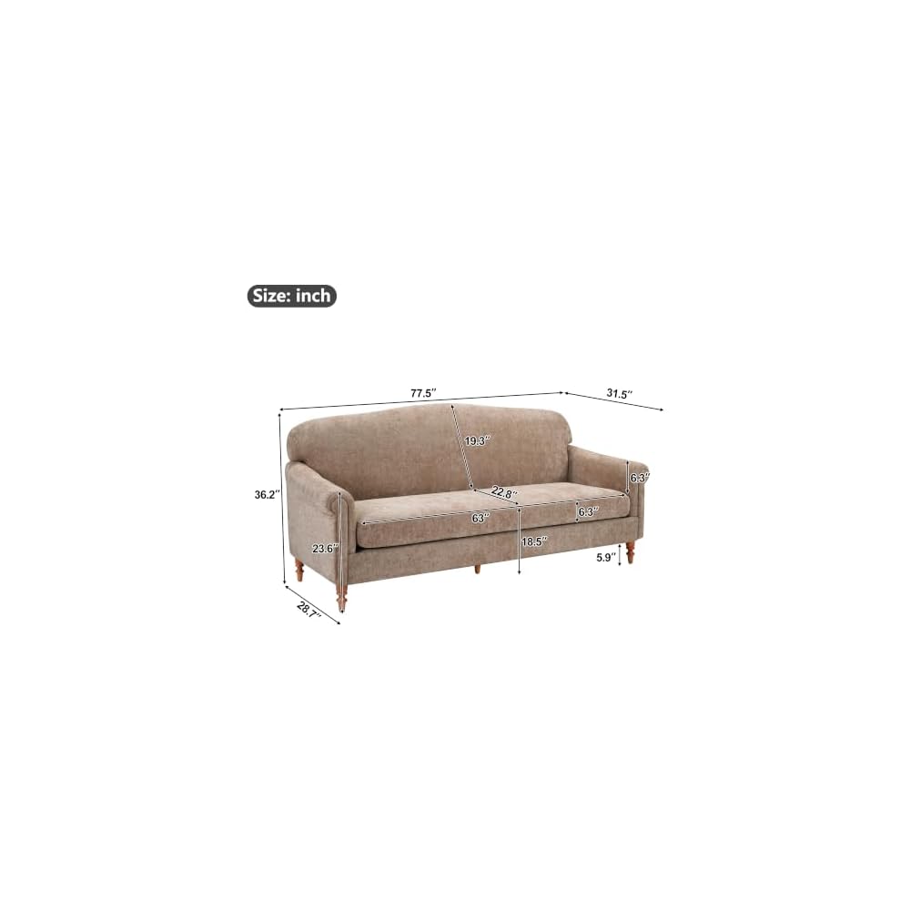 Sola 77.5'' Modern Chenille Upholstered Loveseat Sofa with Rolled Armrest and Rubberwood Frame, 2-Seater Home Sofa Living Room, Comfy Couch for Hotel/Apartment, Oatmeal