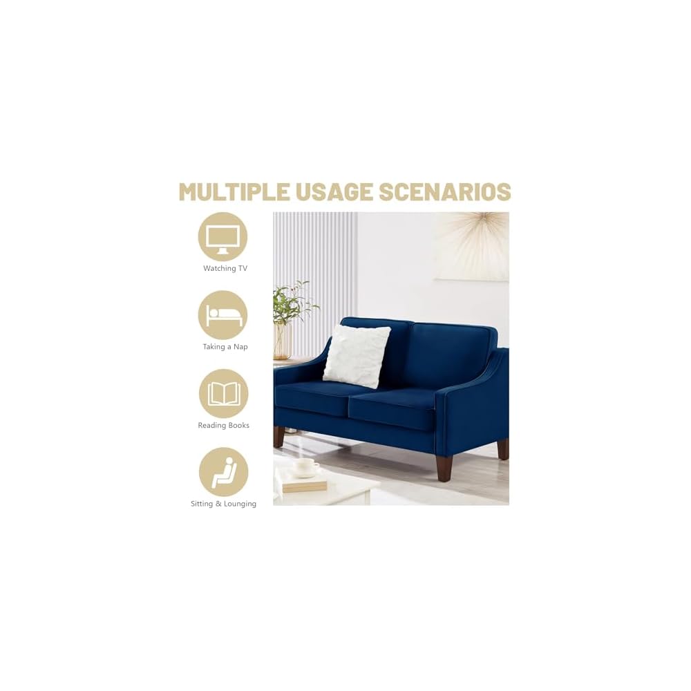 Modernes Samt-Loveseat-Sofa, gepolstertes 2-Sitzer-Sofa mit Holzbeinen, bequemes kleines Sofa für Wohnzimmer, Schlafzimmer und kleine Räume, Marineblau