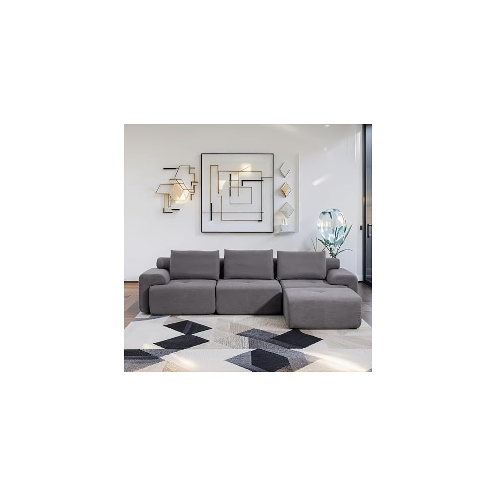 120" Modernes modulares L-förmiges Ecksofa, modulares rahmenloses Sofa ohne Montage, übergroßes 3-Sitzer-Cloud-Sofa mit tiefer Sitzfläche und beweglichem Hocker für das Wohnzimmer – Cordbezug, Grau