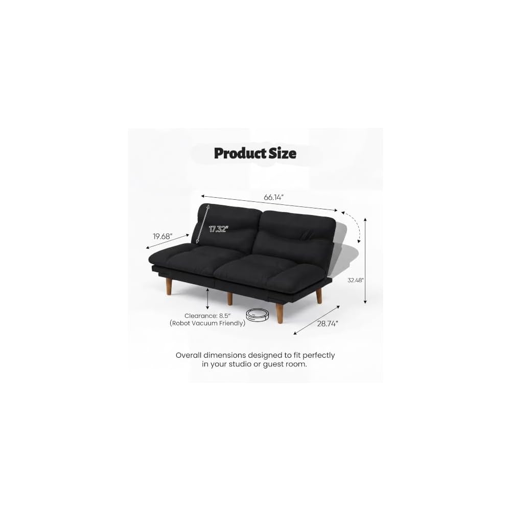 Futon Sofa Bed, 66'' Loveseat with Adjustable Armrest & Backrest